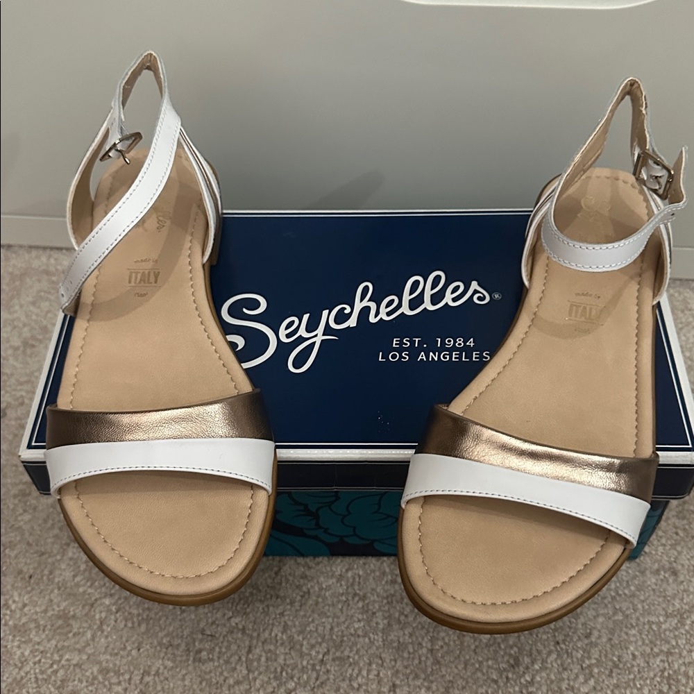 Seychelles White and Gold Strappy Sandals